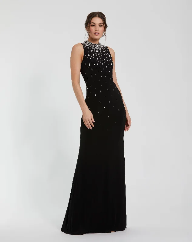"Mother of the groom dresses for women in sophisticated designs"High Neck Sleeveless Beaded Jersey Fitted Gown "Mother of the groom dresses for women in sophisticated designs"High Neck Sleeveless Beaded Jersey Fitted Gown
