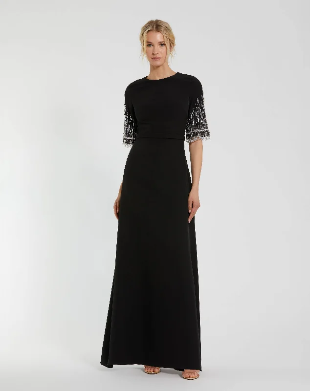 "Pleated dresses for women with a graceful movement"Crepe A Line Gown With Beaded 3/4 Sleeves "Pleated dresses for women with a graceful movement"Crepe A Line Gown With Beaded 3/4 Sleeves