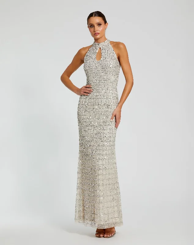 "Limited - Time Offer: Up to 50% Off on Women's Dresses!"Embellished Halter Neck Keyhole Gown "Limited - Time Offer: Up to 50% Off on Women's Dresses!"Embellished Halter Neck Keyhole Gown