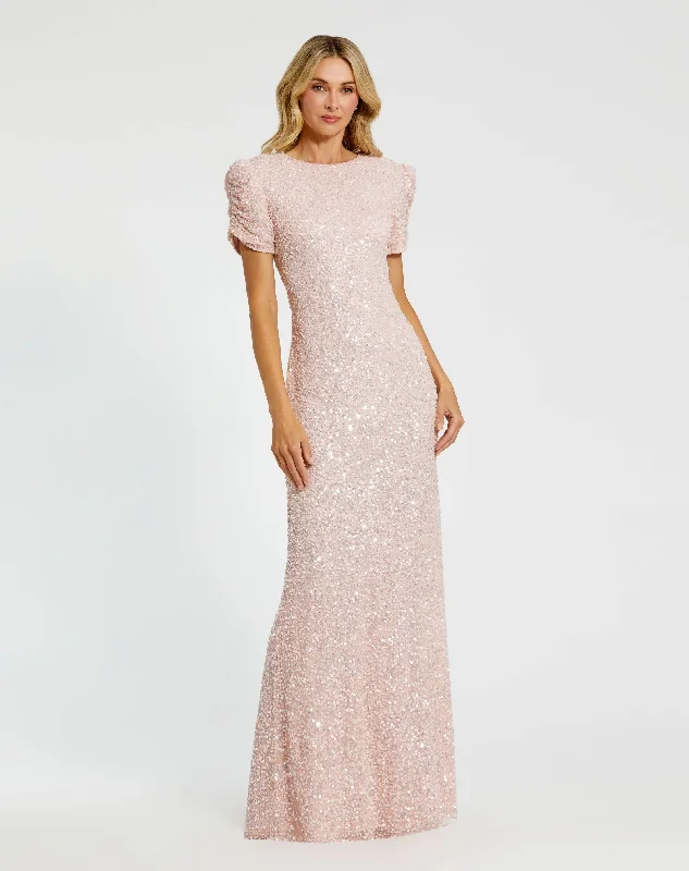 "Seasonal Sale: Save Big on Women's Dresses for Every Occasion"Light Pink Gathered Short Sleeve Beaded Gown "Seasonal Sale: Save Big on Women's Dresses for Every Occasion"Light Pink Gathered Short Sleeve Beaded Gown