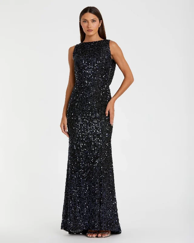 "Wrap dresses for women for an adjustable fit"Cowl Back Boat Neck Sequined Evening Gown "Wrap dresses for women for an adjustable fit"Cowl Back Boat Neck Sequined Evening Gown