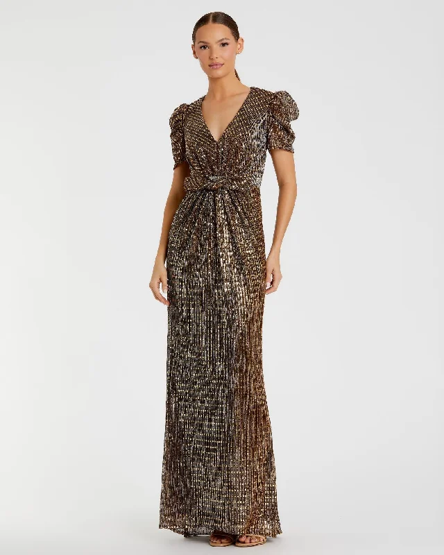 "Satin dresses for women for a luxurious appearance"Bow Waist Cap Sleeve Metallic Gown "Satin dresses for women for a luxurious appearance"Bow Waist Cap Sleeve Metallic Gown