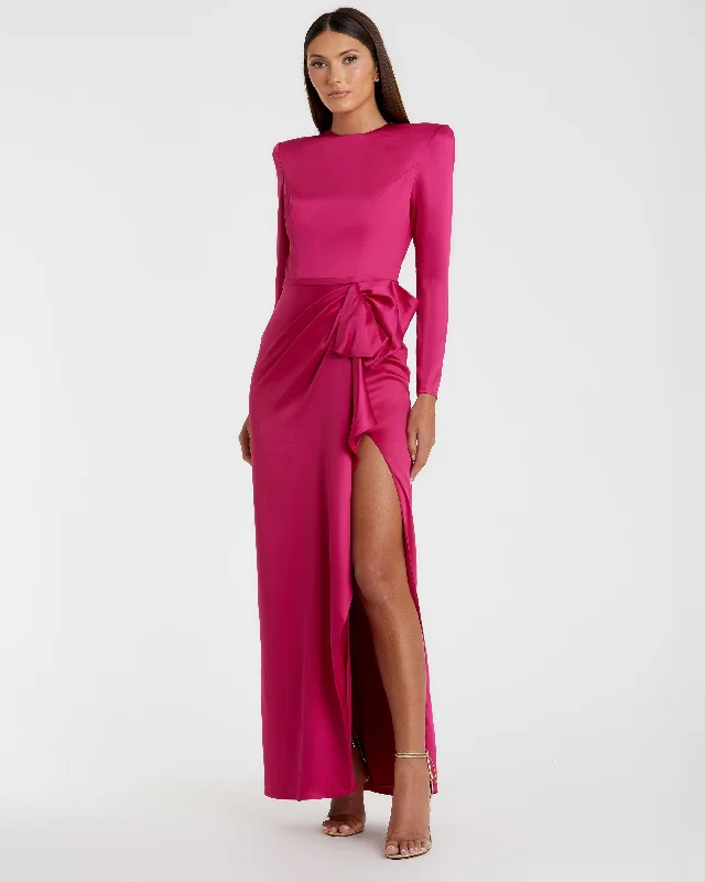 "Vintage - look women's dresses for a retro charm"Pink Long Sleeve Structured Bow Draped Gown "Vintage - look women's dresses for a retro charm"Pink Long Sleeve Structured Bow Draped Gown