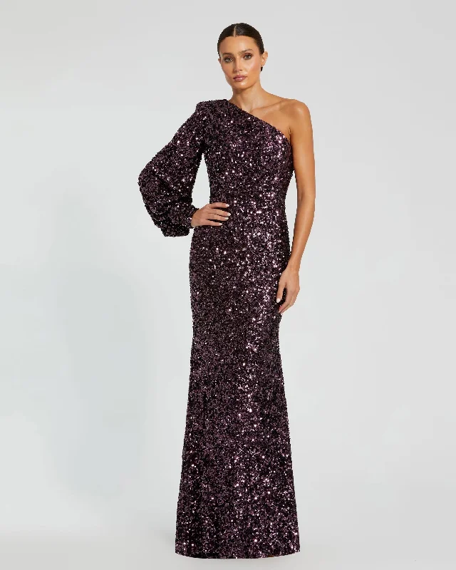 "T - shirt dresses for women for ultimate comfort"Sequined One Shoulder Bishop Sleeve Trumpet Gown "T - shirt dresses for women for ultimate comfort"Sequined One Shoulder Bishop Sleeve Trumpet Gown