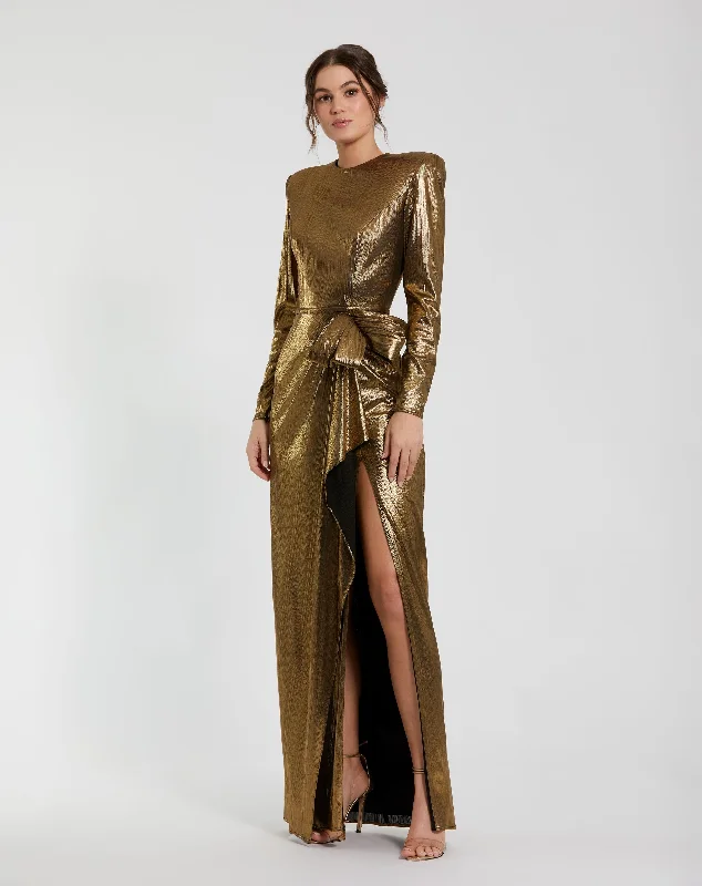 "Graduation dresses for women to celebrate in style"Metallic Jersey Long Sleeve Gown With Bow "Graduation dresses for women to celebrate in style"Metallic Jersey Long Sleeve Gown With Bow