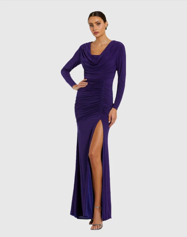 "Lace dresses for women for a romantic and elegant look"Long Sleeve Cowl Neck Jersey Gown With Slit