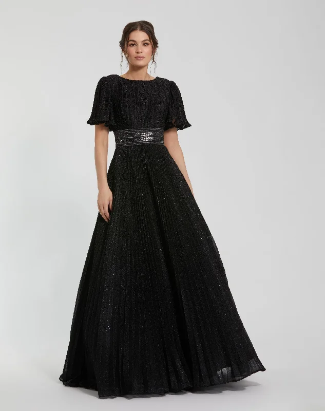 "Satin dresses for women for a luxurious appearance"Pleated Shimmering Georgette Flutter Sleeve Gown "Satin dresses for women for a luxurious appearance"Pleated Shimmering Georgette Flutter Sleeve Gown