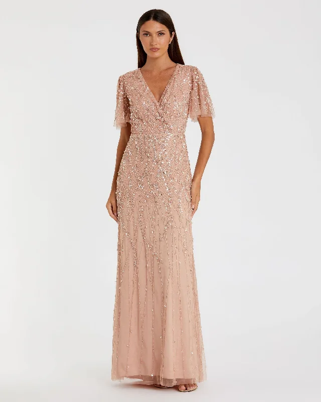 "Smart casual dresses for women for work - to - weekend transitions"Embellished Flutter Sleeve Gown "Smart casual dresses for women for work - to - weekend transitions"Embellished Flutter Sleeve Gown
