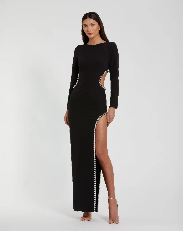"Floral print dresses for women for a feminine look"Crepe Long Sleeve Gown With Beaded Cut Outs "Floral print dresses for women for a feminine look"Crepe Long Sleeve Gown With Beaded Cut Outs