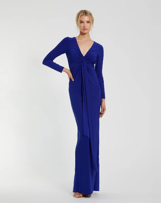 "Mini dresses for women for a youthful and trendy look"Long Sleeve Jersey V Neck Twist Knot Gown "Mini dresses for women for a youthful and trendy look"Long Sleeve Jersey V Neck Twist Knot Gown