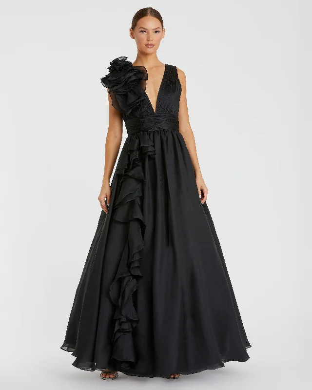 "Elegant wedding guest dresses for women under $100"Ruffle Shoulder V-Neck Chiffon Gown "Elegant wedding guest dresses for women under $100"Ruffle Shoulder V-Neck Chiffon Gown