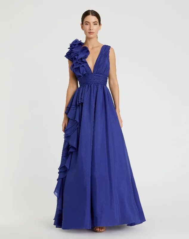 "Comfortable maternity dresses for pregnant women"Ruffle Shoulder V-Neck Chiffon Gown "Comfortable maternity dresses for pregnant women"Ruffle Shoulder V-Neck Chiffon Gown