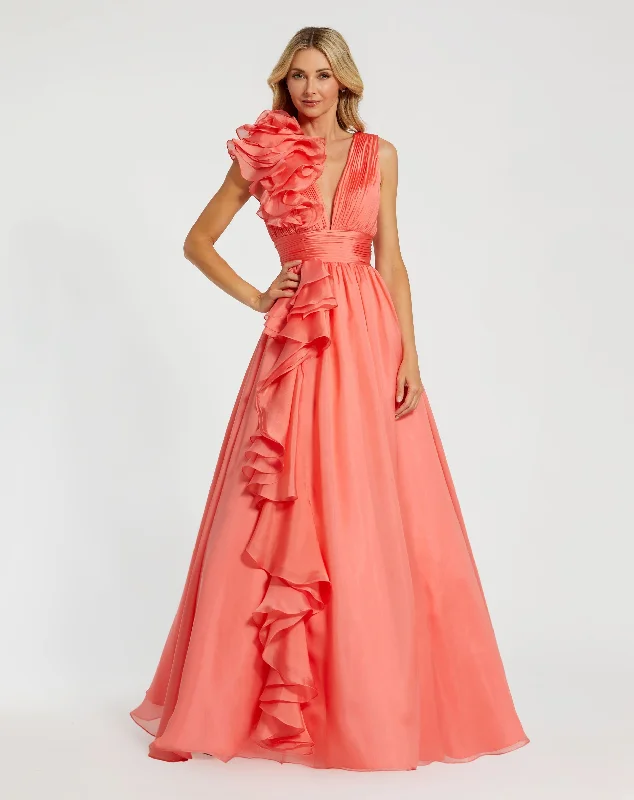 "Boho wedding dresses for women for a free - spirited vibe"Ruffle Shoulder V-Neck Chiffon Gown "Boho wedding dresses for women for a free - spirited vibe"Ruffle Shoulder V-Neck Chiffon Gown
