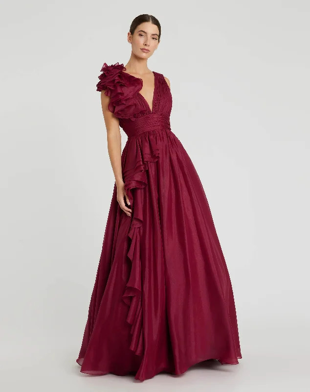 "Pleated dresses for women with a graceful movement"Ruffle Shoulder V-Neck Chiffon Gown "Pleated dresses for women with a graceful movement"Ruffle Shoulder V-Neck Chiffon Gown