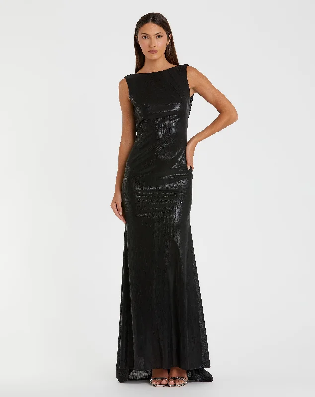"Affordable plus size women's summer dresses"Metallic Jersey Cowl Back Column Gown