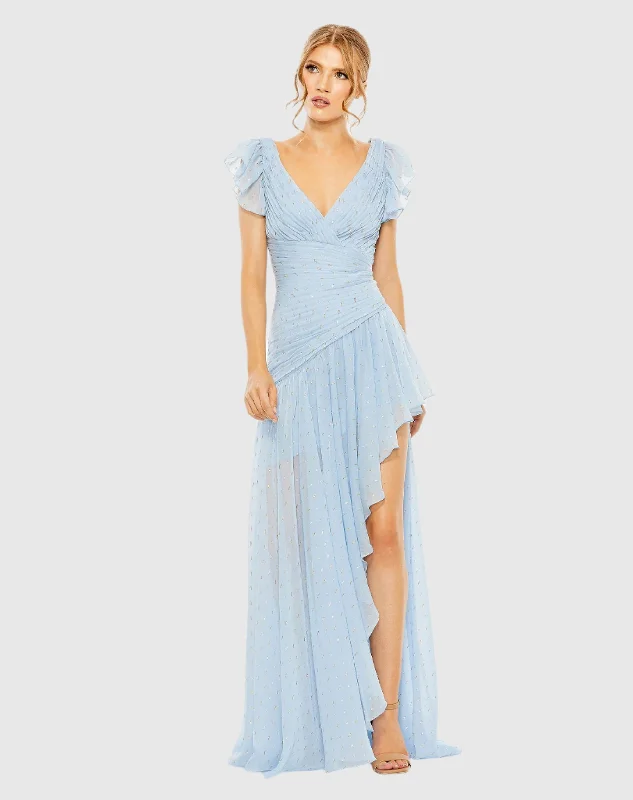 "Pleated dresses for women with a graceful movement"Asymmetrical Ruched Gown With Flutter Sleeves "Pleated dresses for women with a graceful movement"Asymmetrical Ruched Gown With Flutter Sleeves