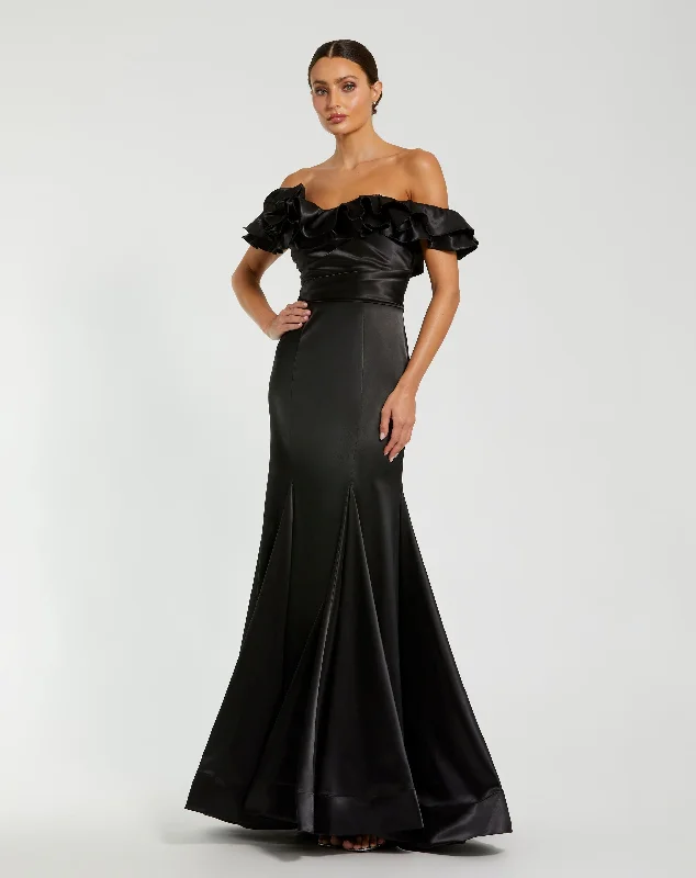 "Chiffon dresses for women with a flowy and light feel"Satin Ruffle Off the Shoulder Mermaid Gown "Chiffon dresses for women with a flowy and light feel"Satin Ruffle Off the Shoulder Mermaid Gown