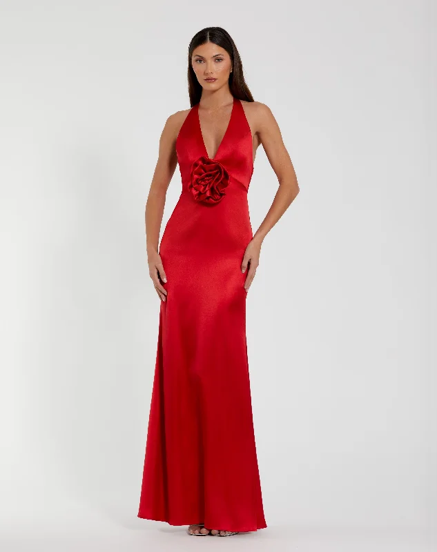 "Mermaid - style wedding dresses for women for a dramatic look"Fitted Satin Sleeveless Halter Gown With 3D Flower "Mermaid - style wedding dresses for women for a dramatic look"Fitted Satin Sleeveless Halter Gown With 3D Flower