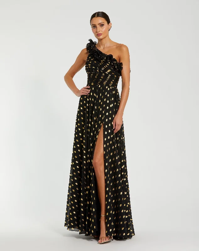 "Bodycon dresses for women to show off curves"One Shoulder Ruffle Chiffon Gown With Slit "Bodycon dresses for women to show off curves"One Shoulder Ruffle Chiffon Gown With Slit