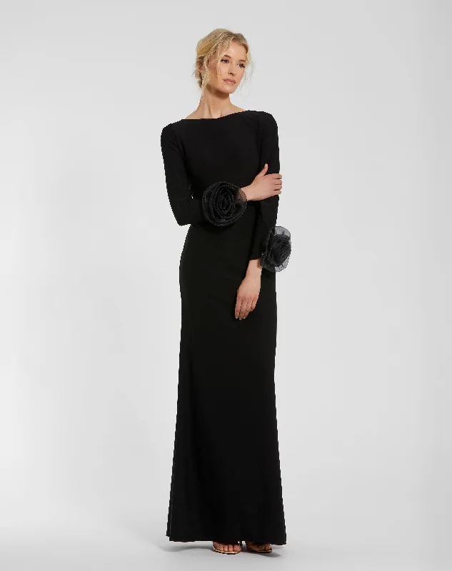 "Shirt dresses for women for a smart - casual style"Long Sleeve Fitted Jersey Gown With 3D Flowers "Shirt dresses for women for a smart - casual style"Long Sleeve Fitted Jersey Gown With 3D Flowers