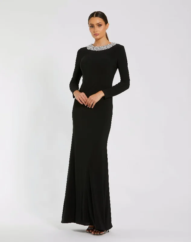 "Bodycon dresses for women to show off curves"Jersey Long Sleeve Fitted Gown With Beaded Neck "Bodycon dresses for women to show off curves"Jersey Long Sleeve Fitted Gown With Beaded Neck