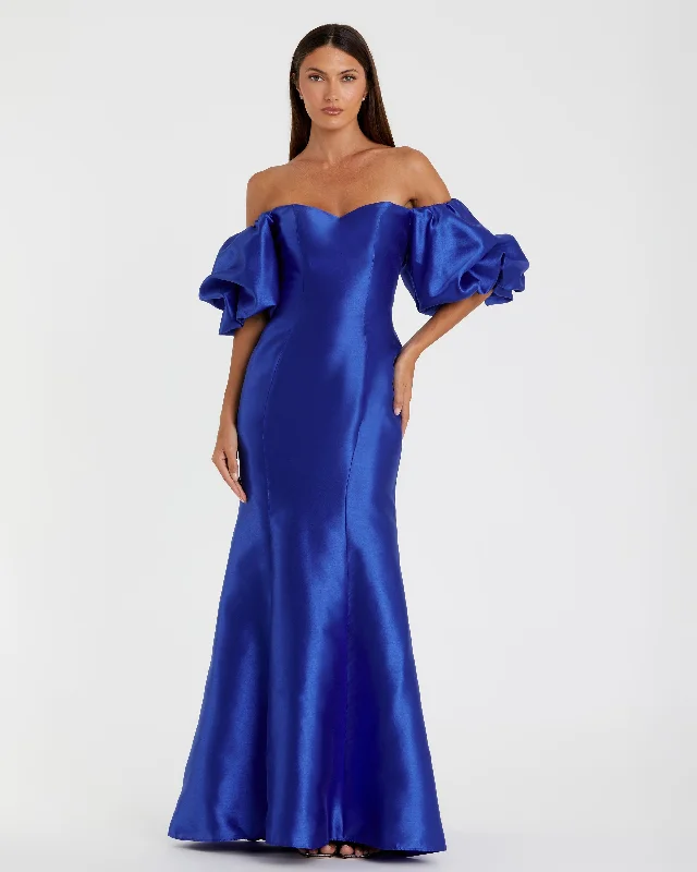 "Stylish cocktail dresses for women on a budget"Blue Sweetheart Off The Shoulder Puff Sleeve Gown