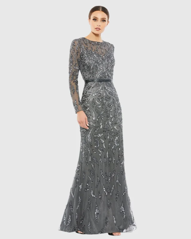 "Satin dresses for women for a luxurious appearance"Dark Gray Beaded Long Sleeve Evening Gown "Satin dresses for women for a luxurious appearance"Dark Gray Beaded Long Sleeve Evening Gown
