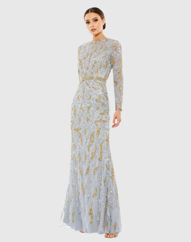 "Petite women's dresses with flattering fits"Gray Beaded Long Sleeve Evening Gown