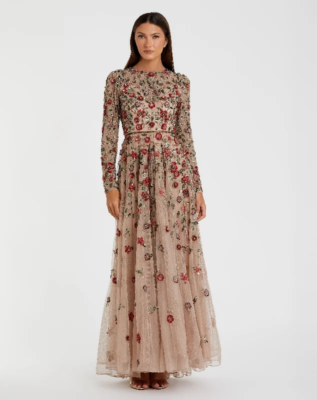 "Mother of the bride dresses for women in elegant styles"Beige Embellished High Neck Long Sleeve A Line Gown "Mother of the bride dresses for women in elegant styles"Beige Embellished High Neck Long Sleeve A Line Gown