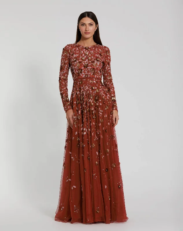 "Plus size formal dresses for women for special events"Burnt Orange Embellished High Neck Long Sleeve A Line Gown "Plus size formal dresses for women for special events"Burnt Orange Embellished High Neck Long Sleeve A Line Gown
