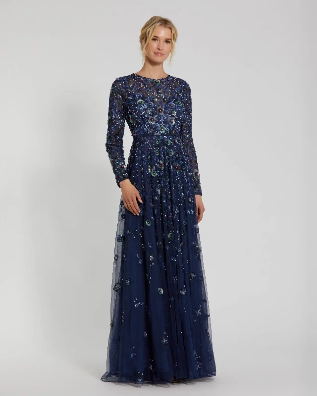 "Petite women's dresses with flattering fits"Navy Embellished High Neck Long Sleeve A Line Gown "Petite women's dresses with flattering fits"Navy Embellished High Neck Long Sleeve A Line Gown