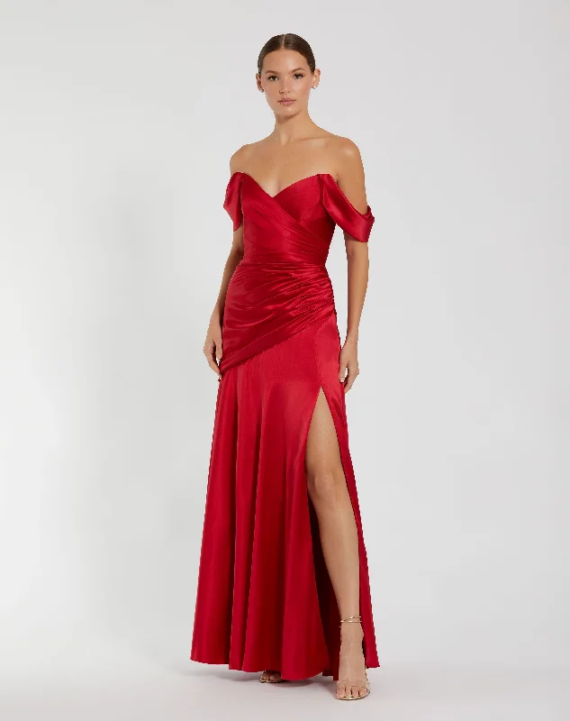 "Sustainable and eco - friendly women's dresses"Hard Satin Off The Shoulder Crossover Gown "Sustainable and eco - friendly women's dresses"Hard Satin Off The Shoulder Crossover Gown