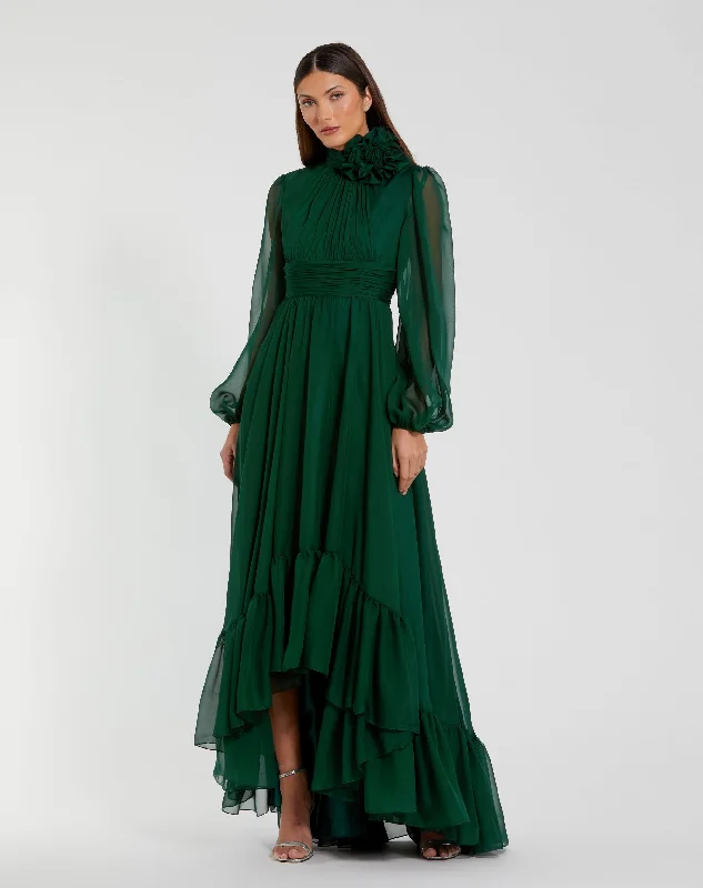 "Smart casual dresses for women for work - to - weekend transitions"High Low Long Sleeve Chiffon Gown With 3D Flower "Smart casual dresses for women for work - to - weekend transitions"High Low Long Sleeve Chiffon Gown With 3D Flower