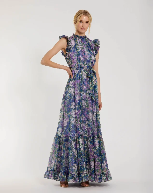 "Maxi dresses for women to wear in the fall"Printed Chiffon Ruffle Sleeve Gown With Bow Belt "Maxi dresses for women to wear in the fall"Printed Chiffon Ruffle Sleeve Gown With Bow Belt