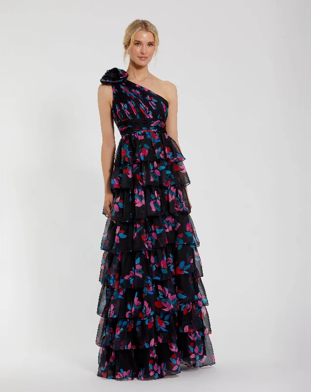 "Simple wedding dresses for women who prefer understated elegance"One Shoulder Printed Chiffon Tiered Ruffle Gown "Simple wedding dresses for women who prefer understated elegance"One Shoulder Printed Chiffon Tiered Ruffle Gown