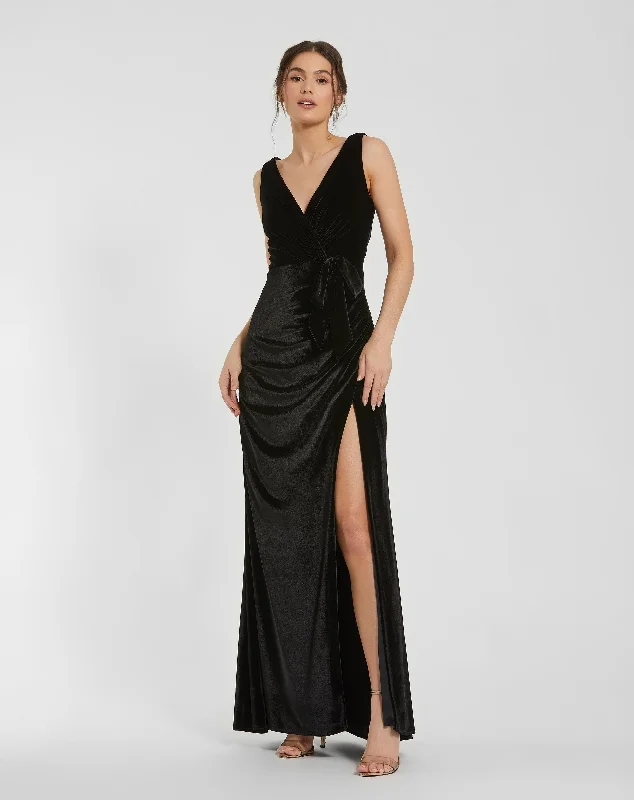 "Shirt dresses for women for a smart - casual style"Deep V High Slit Draped Velvet Fitted Gown "Shirt dresses for women for a smart - casual style"Deep V High Slit Draped Velvet Fitted Gown