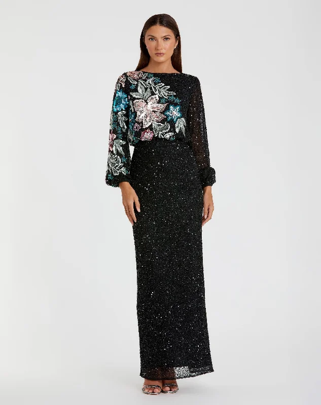 "Midi dresses for women with unique patterns"Embellished Multi Color Floral High Neck Gown "Midi dresses for women with unique patterns"Embellished Multi Color Floral High Neck Gown