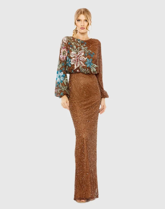 "Petite women's dresses with flattering fits"Embellished Multi Color Floral High Neck Gown "Petite women's dresses with flattering fits"Embellished Multi Color Floral High Neck Gown