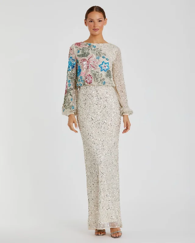 "Off - shoulder dresses for women to show off collarbones"Embellished Multi Color Floral High Neck Gown "Off - shoulder dresses for women to show off collarbones"Embellished Multi Color Floral High Neck Gown
