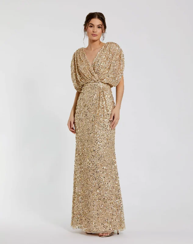 "Trendy casual dresses for women to wear at the beach"Draped Sleeve V Neck Gown