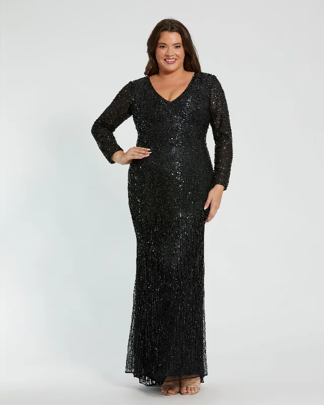 "Buy One, Get One 50% Off on Women's Dresses - Don't Miss Out!"Long Sleeve V-Neck Beaded Fringe Gown "Buy One, Get One 50% Off on Women's Dresses - Don't Miss Out!"Long Sleeve V-Neck Beaded Fringe Gown