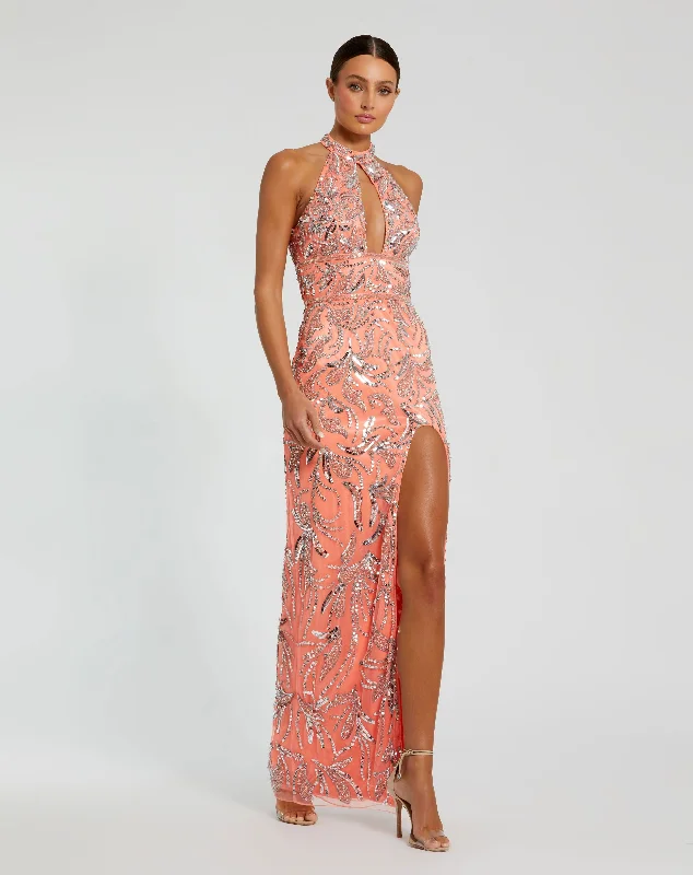 Clearance Sale: Women's Dresses High Neck Embellished Mesh Gown With Slit
