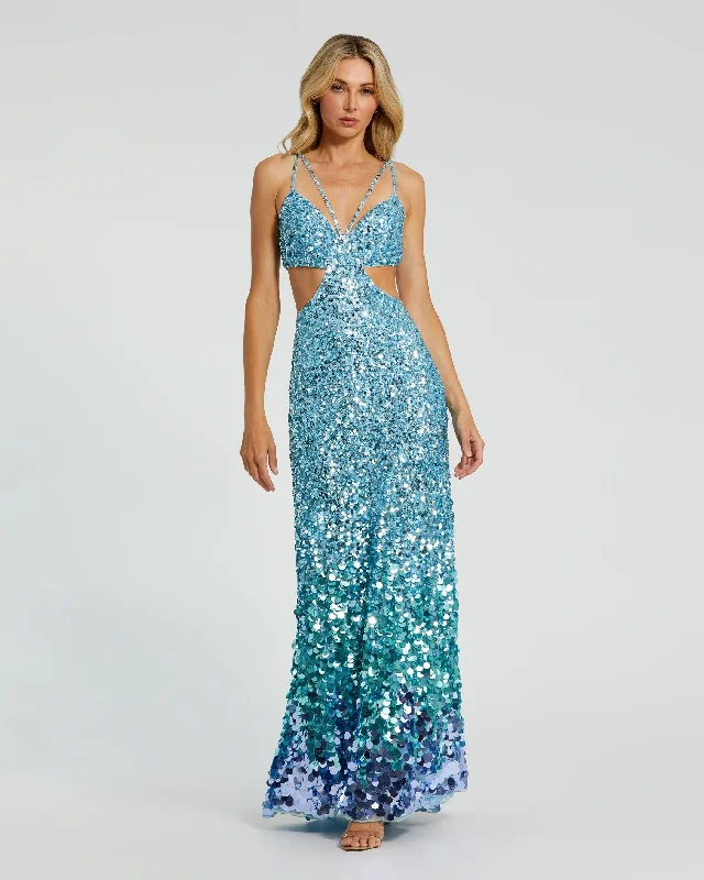 "Floral print dresses for women for a feminine look"Thin Strap Cut Out Gown With Ombre Sequins "Floral print dresses for women for a feminine look"Thin Strap Cut Out Gown With Ombre Sequins