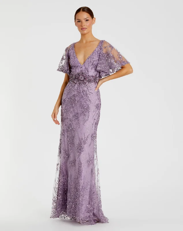 "Beaded dresses for women for a glamorous look"Vintage Flutter Sleeve Evening Gown "Beaded dresses for women for a glamorous look"Vintage Flutter Sleeve Evening Gown