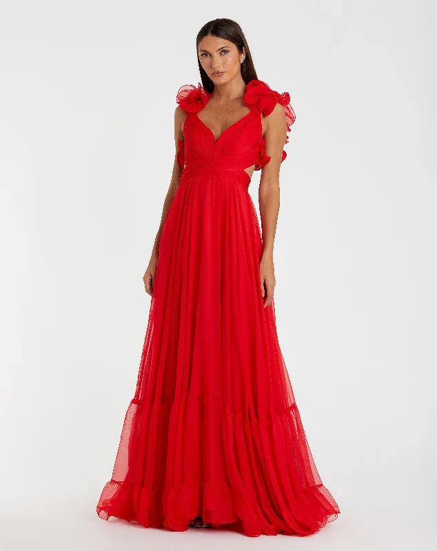 "Mermaid - style wedding dresses for women for a dramatic look"Ruffle Tiered Cut-Out Chiffon Gown
