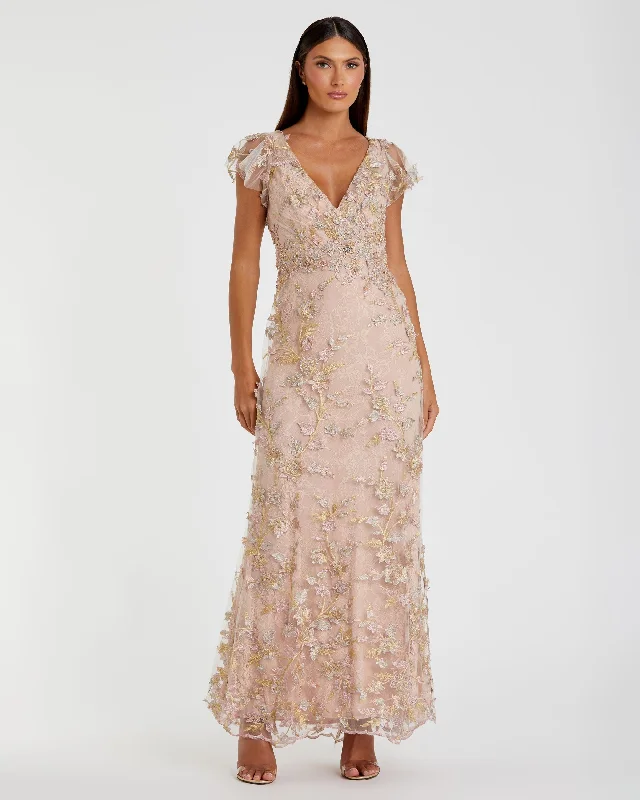 "Beach wedding dresses for women for a laid - back ceremony"Embroidered Applique Wrap Over Flutter Sleeve Gown "Beach wedding dresses for women for a laid - back ceremony"Embroidered Applique Wrap Over Flutter Sleeve Gown