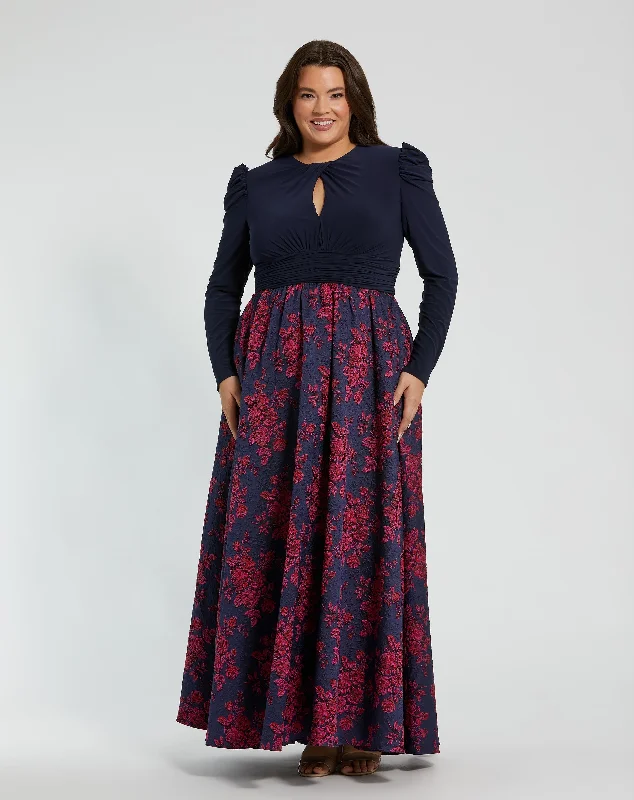 Clearance Sale: Women's Dresses Long Sleeve Keyhole Knot Neck Floral Bottom Gown