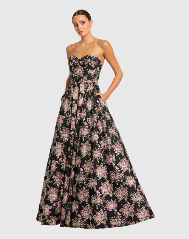 "Graduation dresses for women to celebrate in style"Strapless Sweetheart Brocade Floral A Line Gown "Graduation dresses for women to celebrate in style"Strapless Sweetheart Brocade Floral A Line Gown