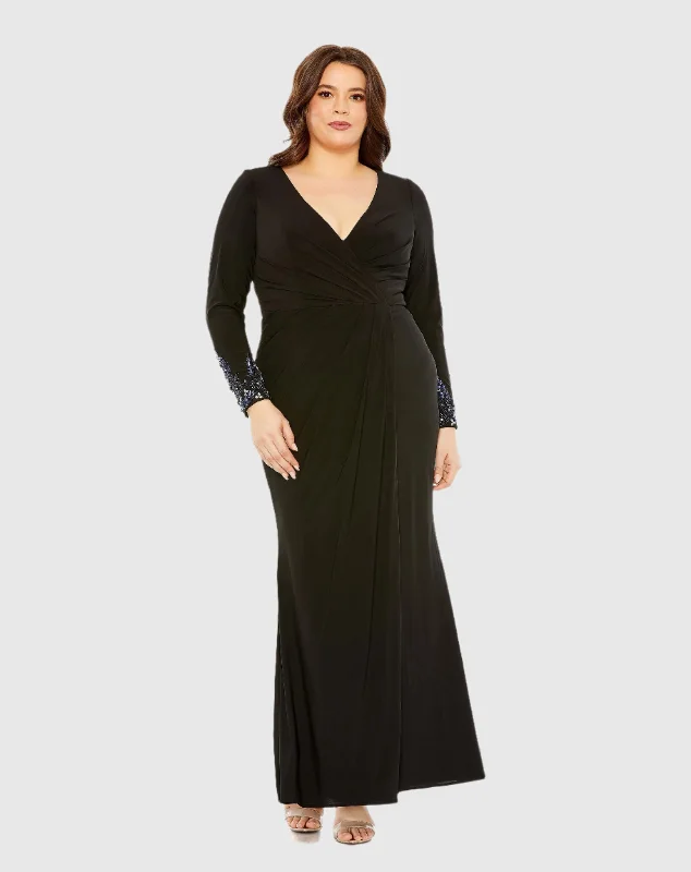 "Floral print dresses for women for a feminine look"Long Crystal Detail Sleeve V Neck Gown "Floral print dresses for women for a feminine look"Long Crystal Detail Sleeve V Neck Gown
