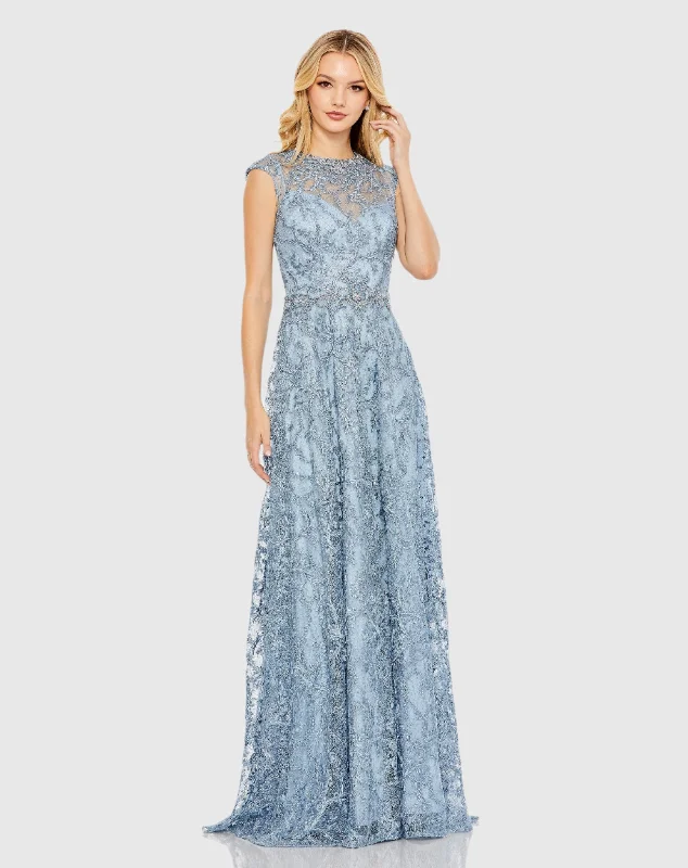 "Ruffled dresses for women for added femininity"Embroidered Cap Sleeve A Line Gown